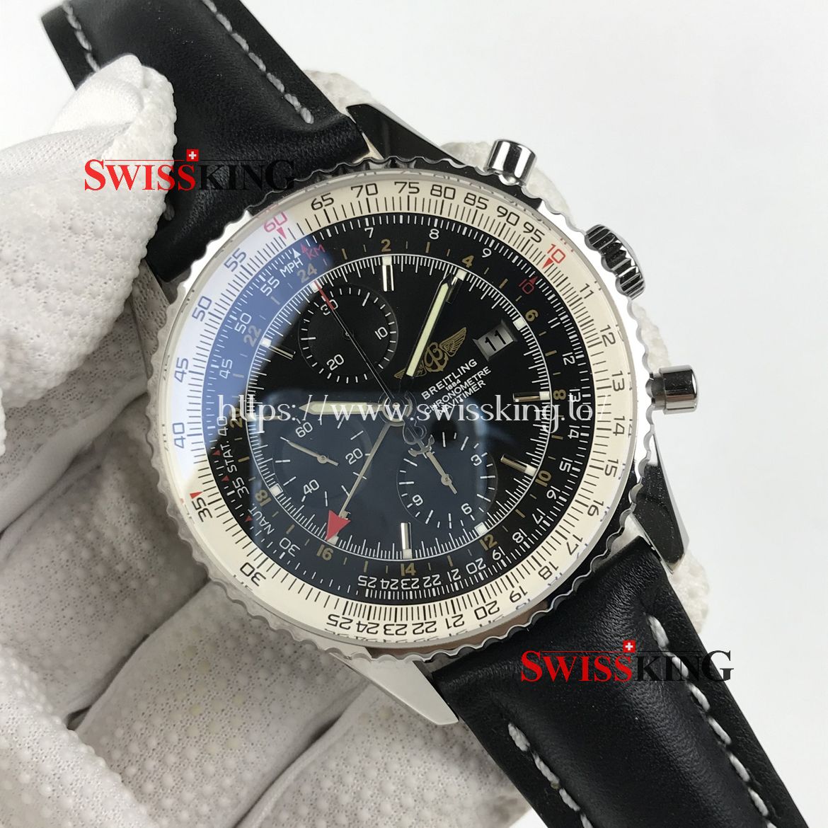BREITLING NAVITIMER WORLD GMT A24322 BLACK DIAL LEATHER STRAP