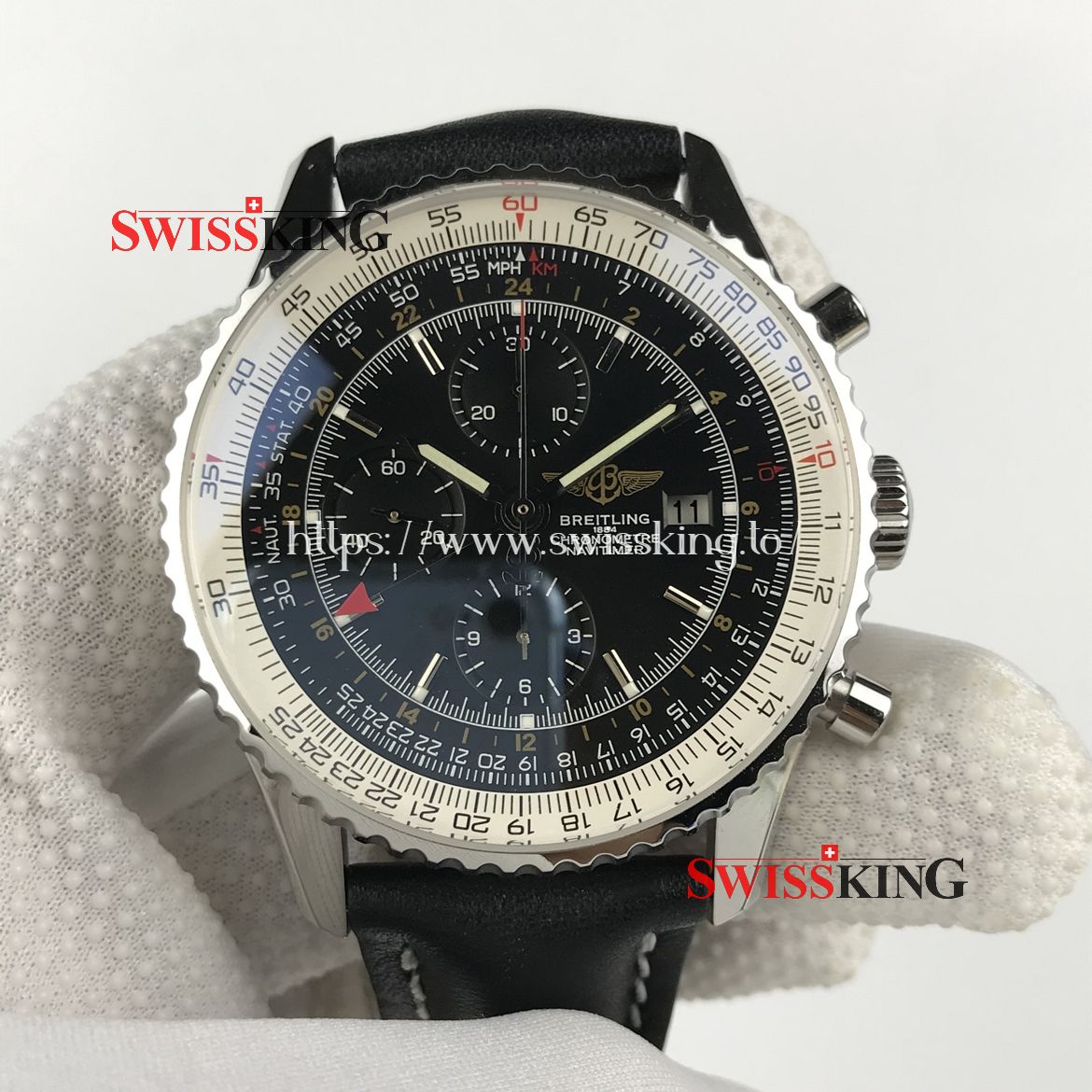 BREITLING NAVITIMER WORLD GMT A24322 BLACK DIAL LEATHER STRAP
