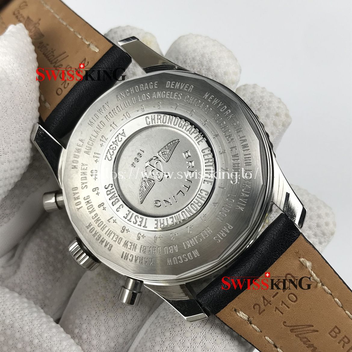 BREITLING NAVITIMER WORLD GMT A24322 BLACK DIAL LEATHER STRAP