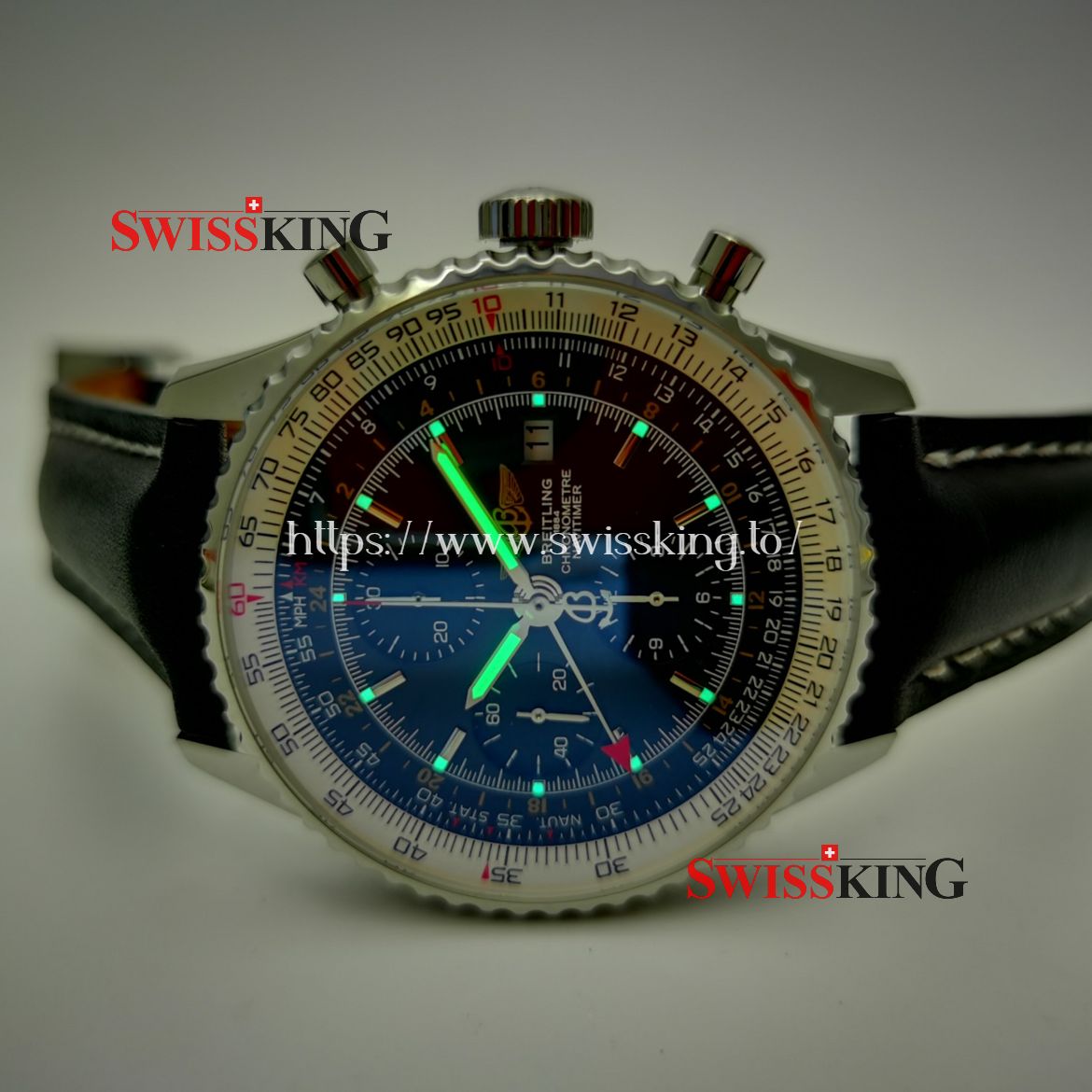 BREITLING NAVITIMER WORLD GMT A24322 BLACK DIAL LEATHER STRAP