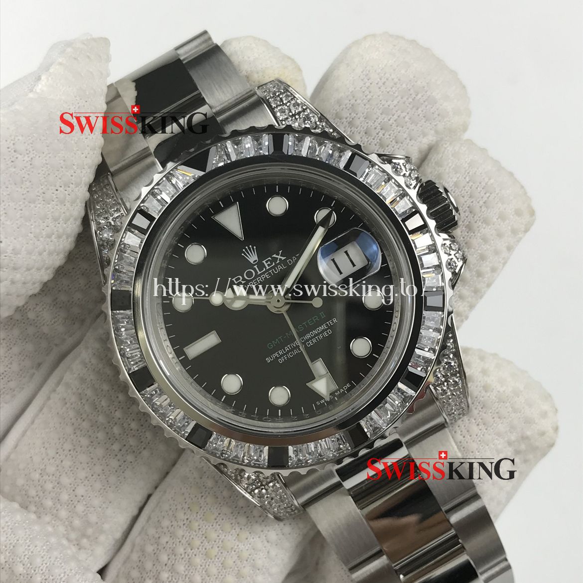 ROLEX GMT MASTER II 116710LN WITH DIAMOND & BLACK STONE CUSTOME BEZEL