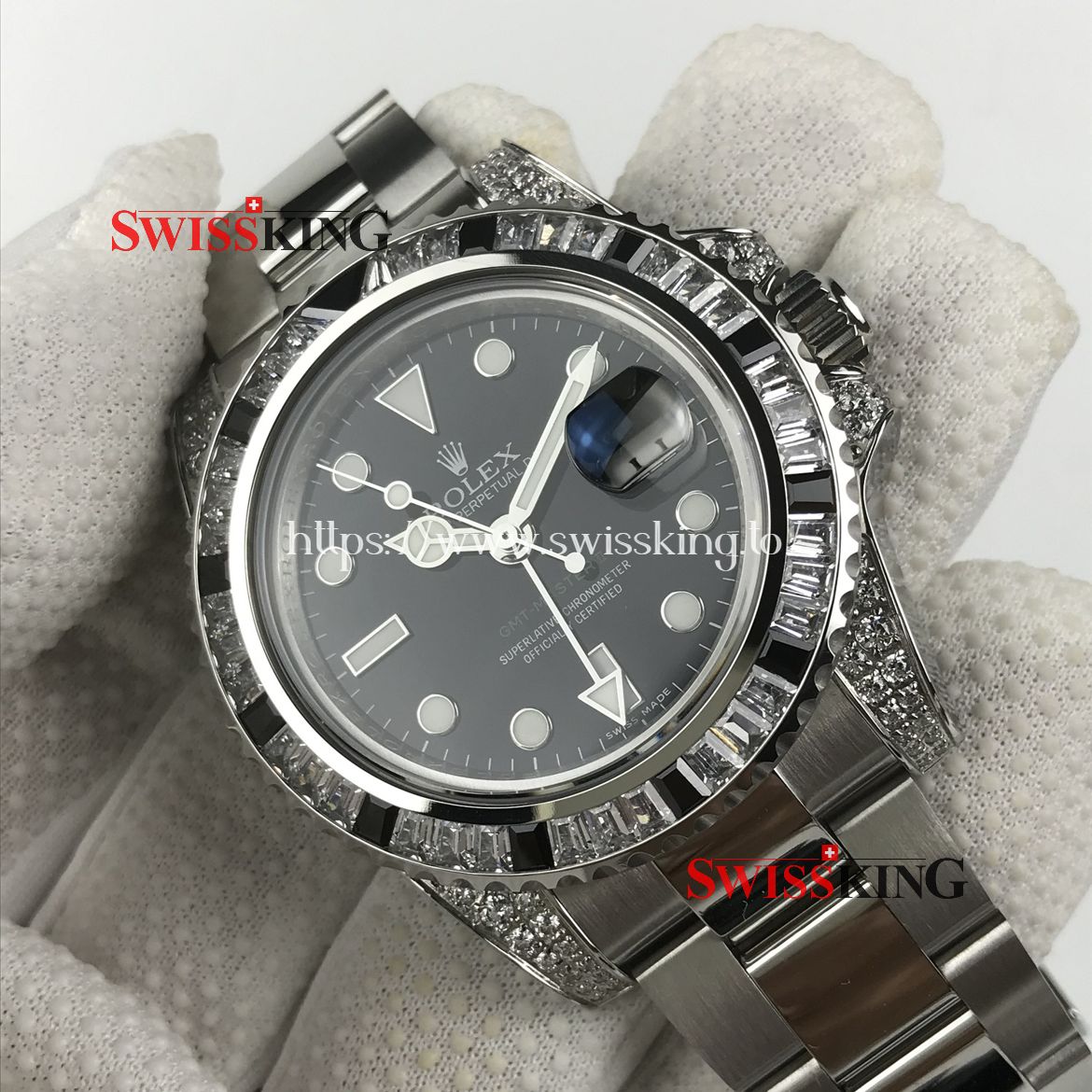 ROLEX GMT MASTER II 116710LN WITH DIAMOND & BLACK STONE CUSTOME BEZEL
