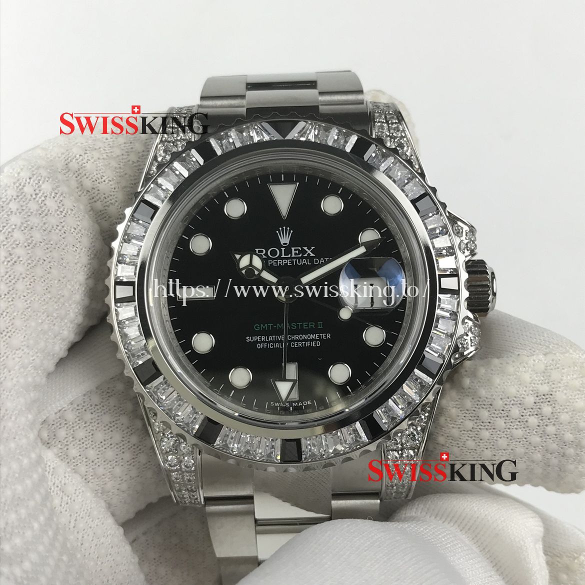 ROLEX GMT MASTER II 116710LN WITH DIAMOND & BLACK STONE CUSTOME BEZEL