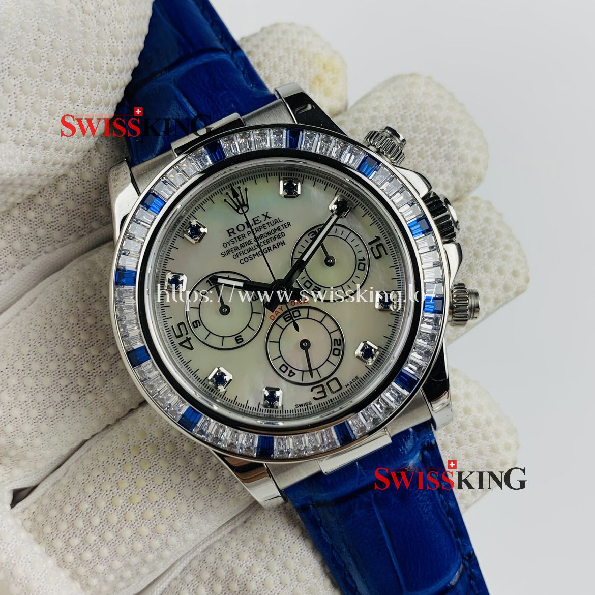 ROLEX DAYTONA CRYSTAL CRESTED BEZEL - MOP WHITE DIAL - BLUE LEATHER STRAP