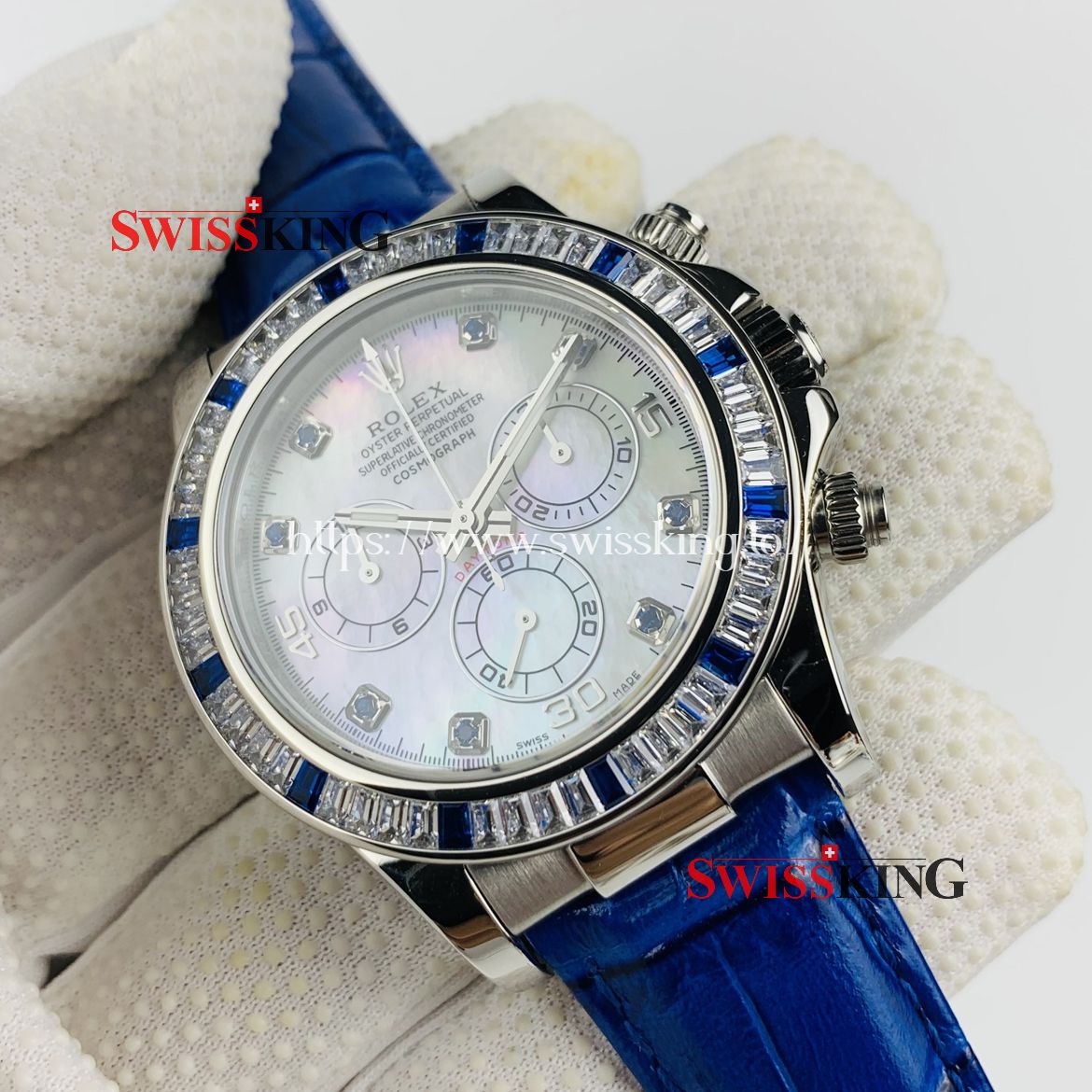ROLEX DAYTONA CRYSTAL CRESTED BEZEL - MOP WHITE DIAL - BLUE LEATHER STRAP