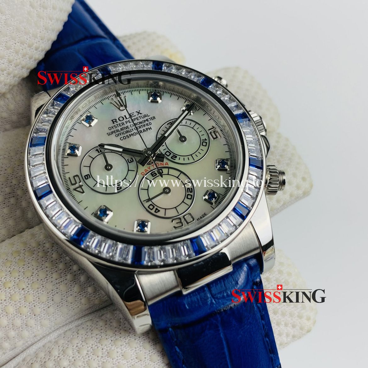 ROLEX DAYTONA CRYSTAL CRESTED BEZEL - MOP WHITE DIAL - BLUE LEATHER STRAP