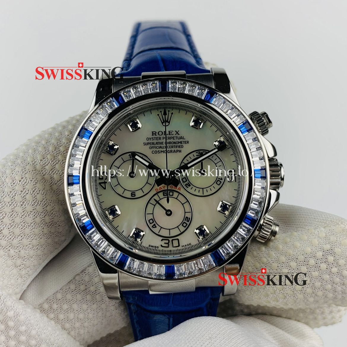ROLEX DAYTONA CRYSTAL CRESTED BEZEL - MOP WHITE DIAL - BLUE LEATHER STRAP