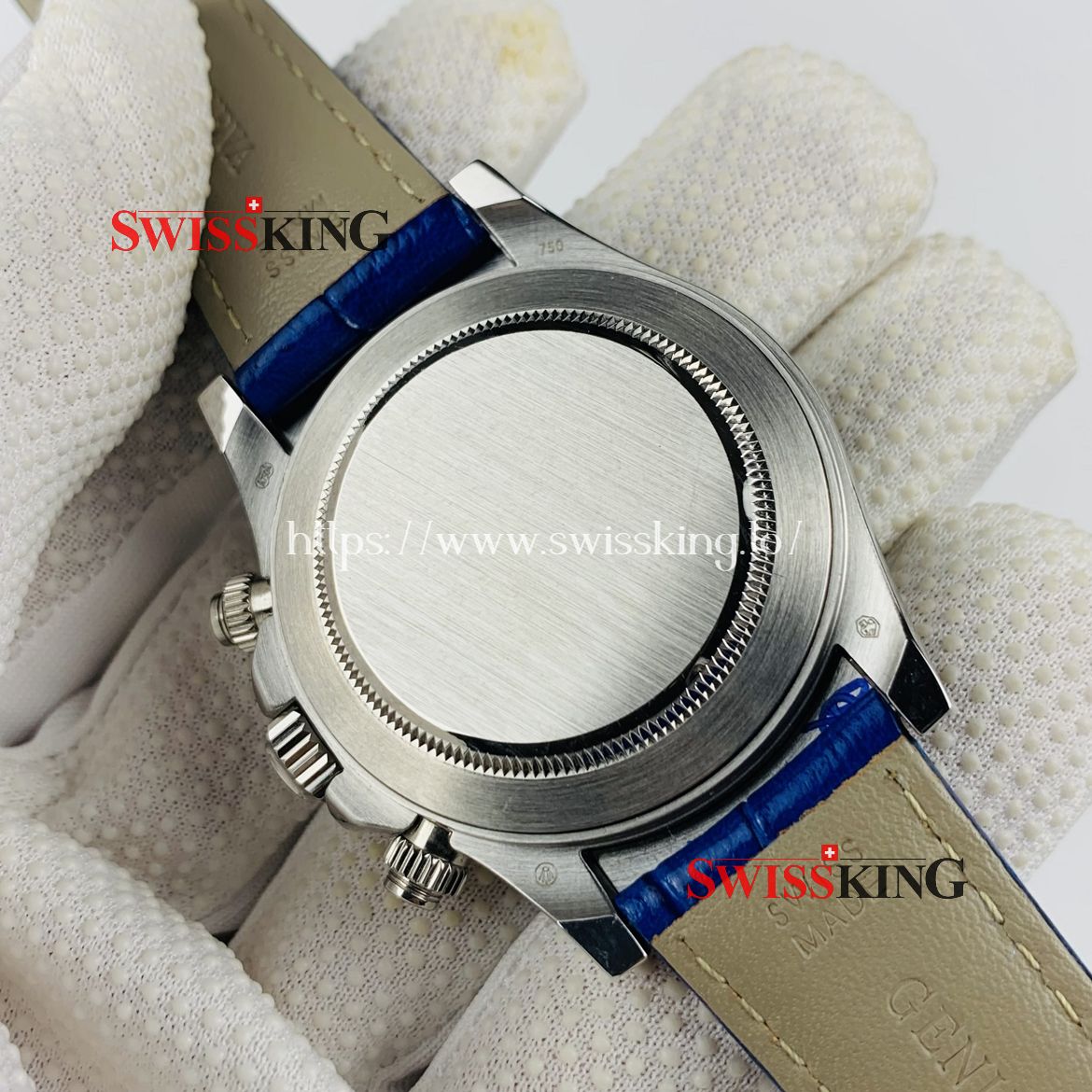 ROLEX DAYTONA CRYSTAL CRESTED BEZEL - MOP WHITE DIAL - BLUE LEATHER STRAP